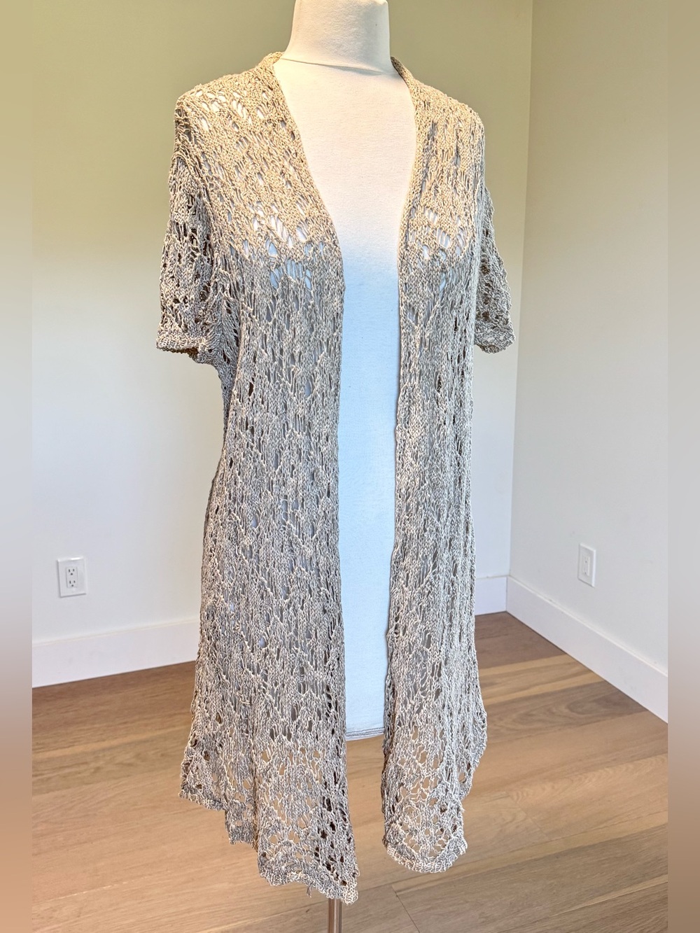 Cato Open Knit Duster Cardigan Heather Taupe Short Sleeve Crochet Plus 22/24